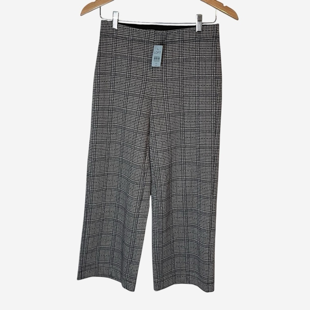 LOFT Ankle Pants XSP Wide Leg Shimmer Plaid Black Gray Pull-On Elastic Waist NEW